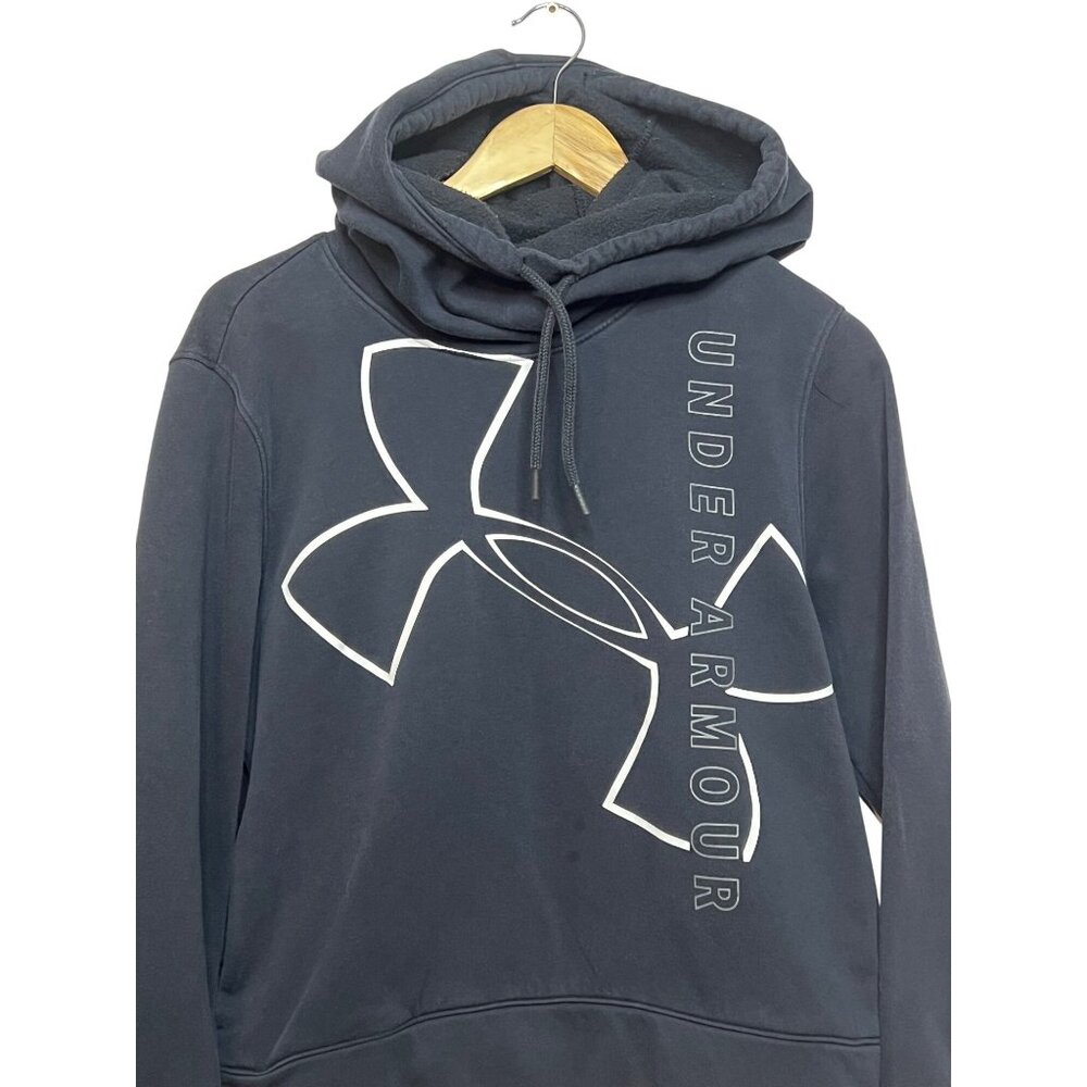 Under Armour Navy Blue Loose Fit Hoodie Sweatshirt Womens Medium Logo Spell Out - Picture 3 of 13